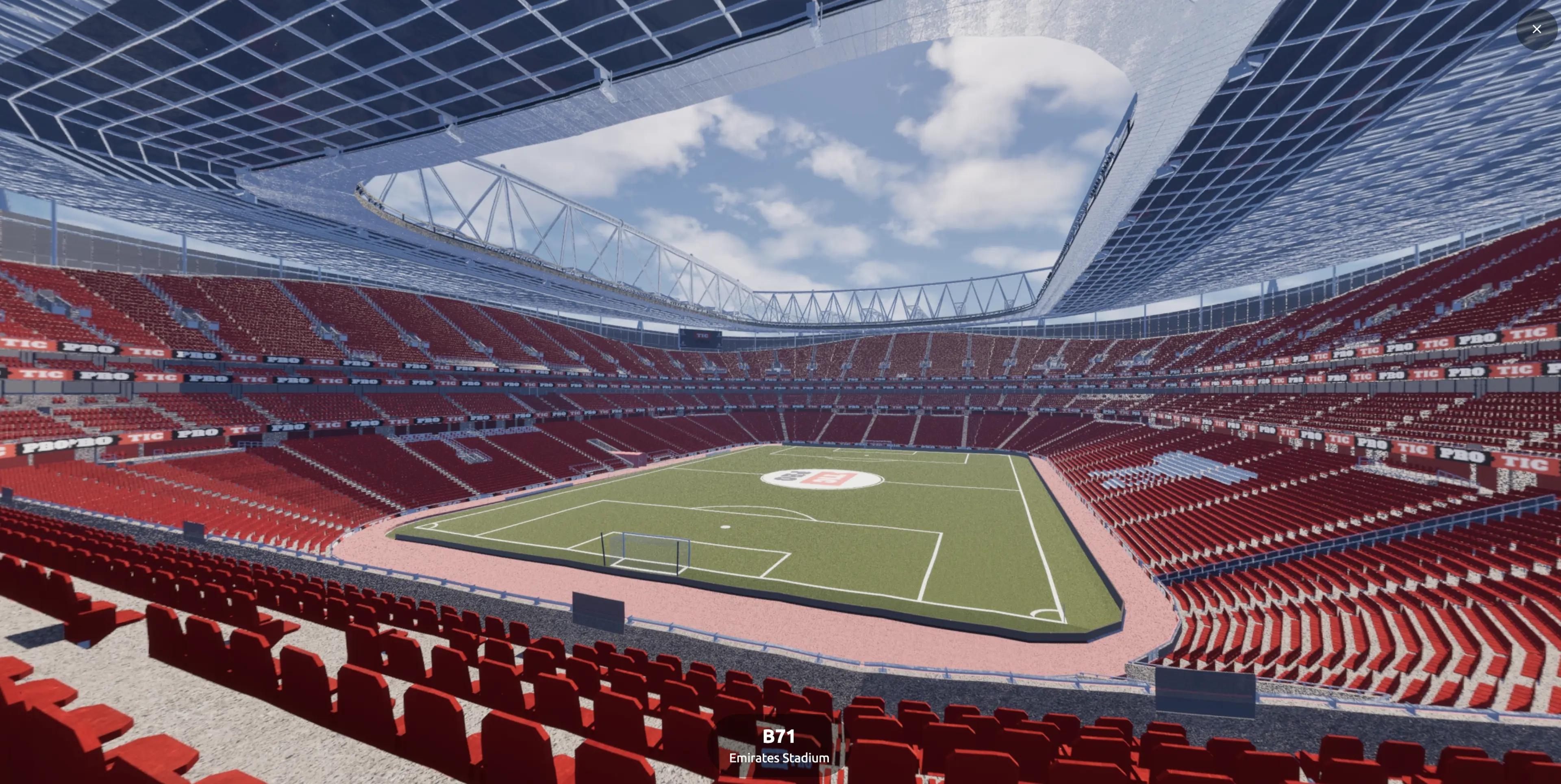 360-graders utsikt over banen på Emirates Stadium fra blokk B67, rad 12