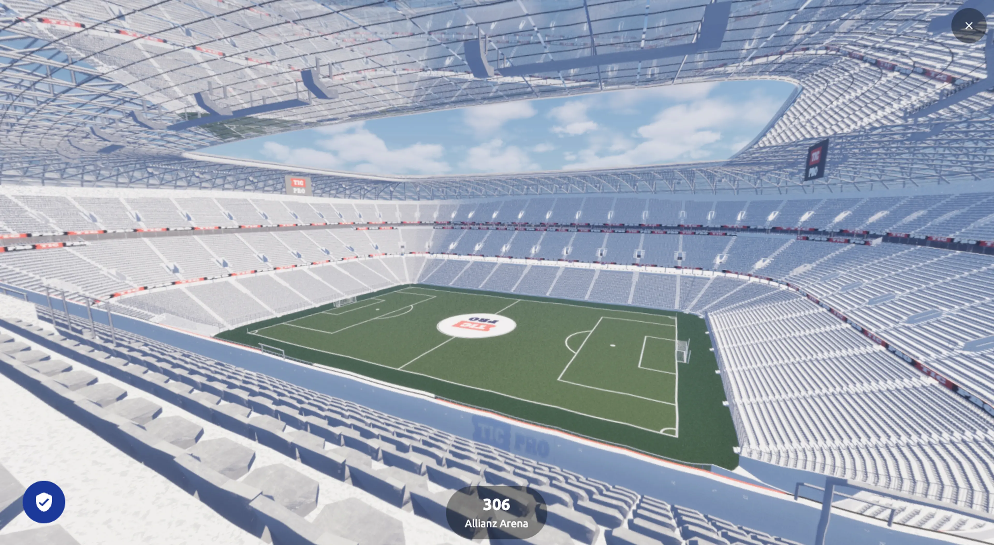 3D seat map of Allianz Arena showing the tiers of stands around the pitch, with the seating blocks marked