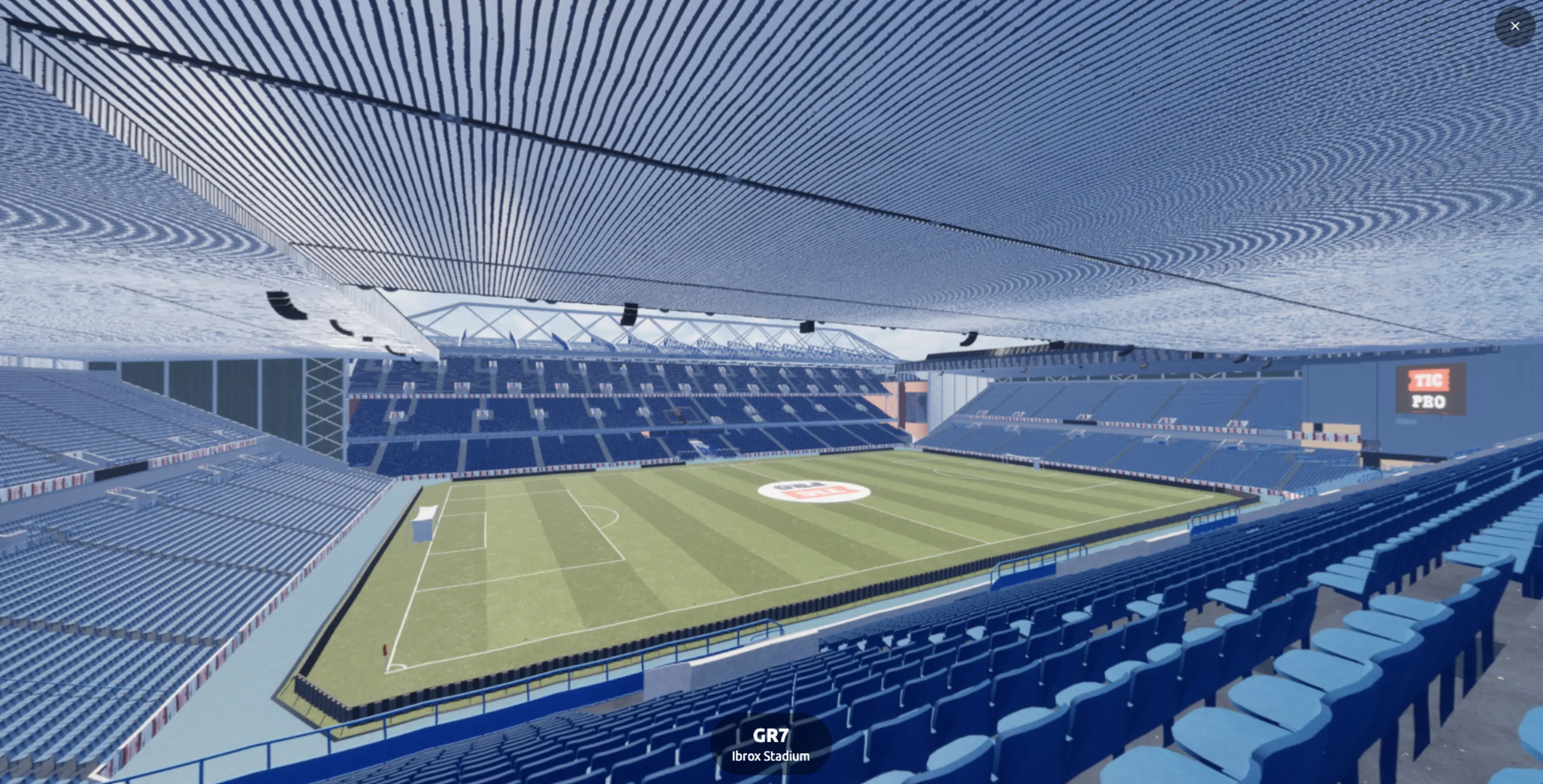 3D seating map of Ibrox Stadium showing the four stands and the blocks around the pitch
