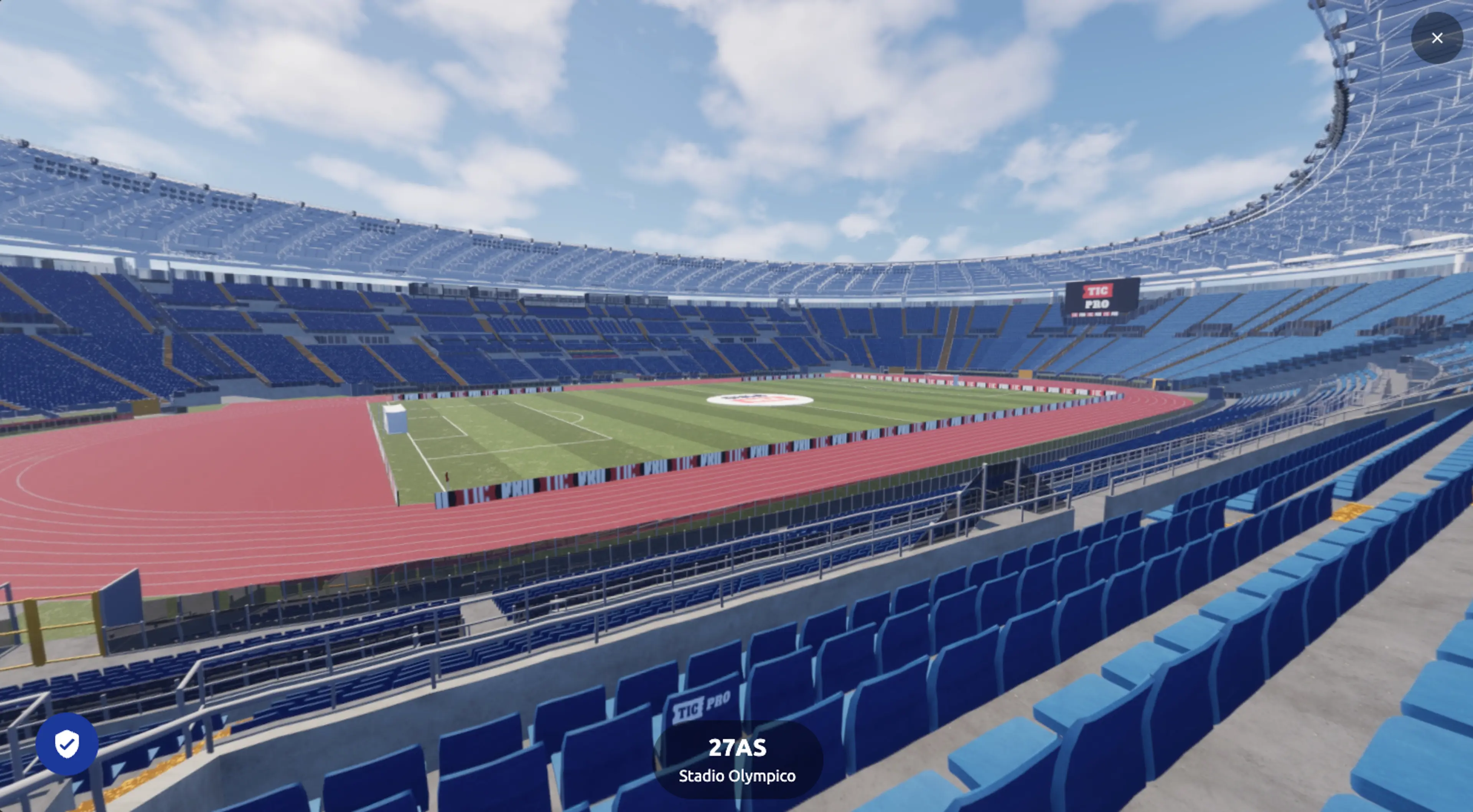 3D seat map of Stadio Olimpico showing the stands around the pitch and the athletics track, with sections marked