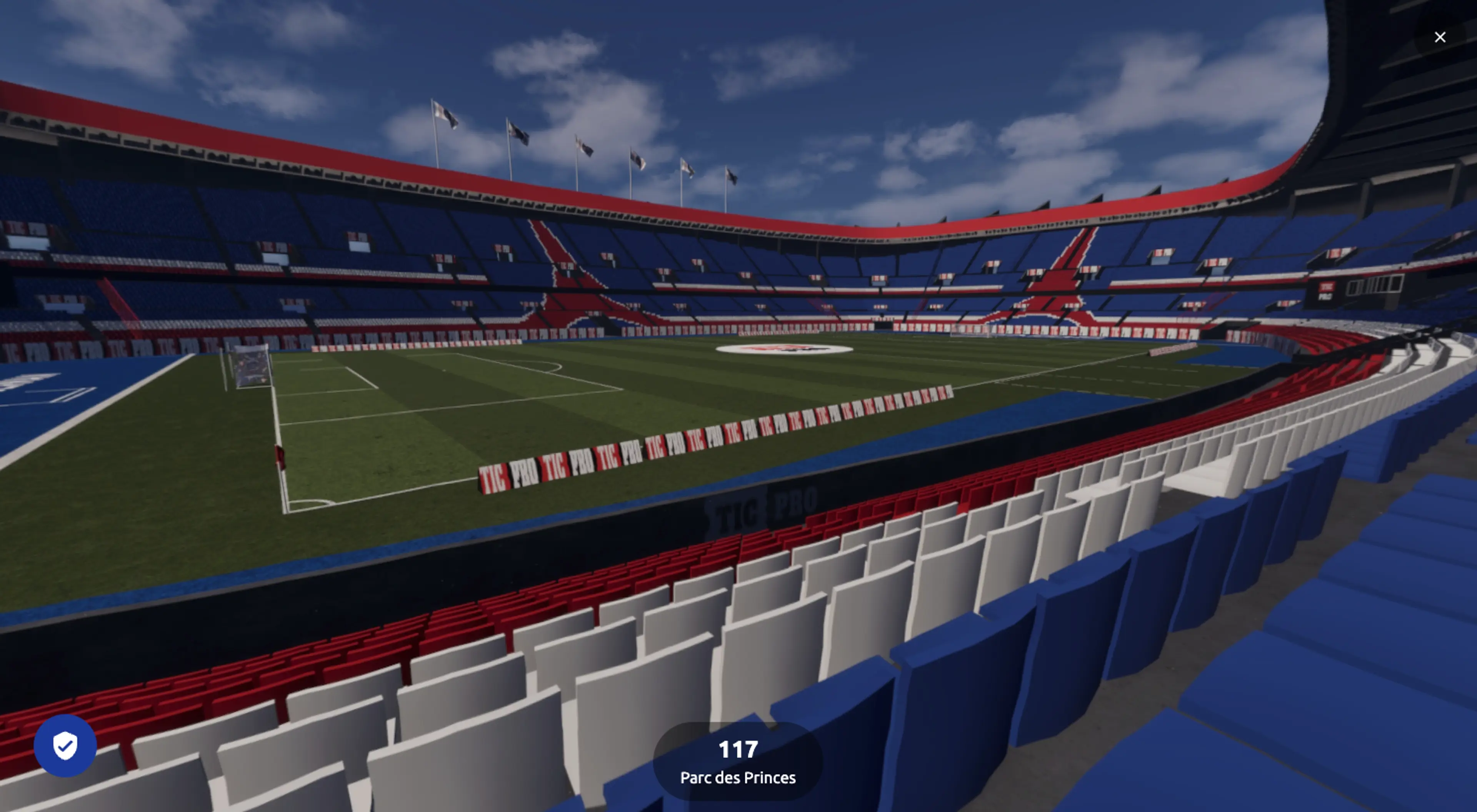 3D seat map of Parc des Princes showing the tiers of stands around the pitch, with seating blocks marked