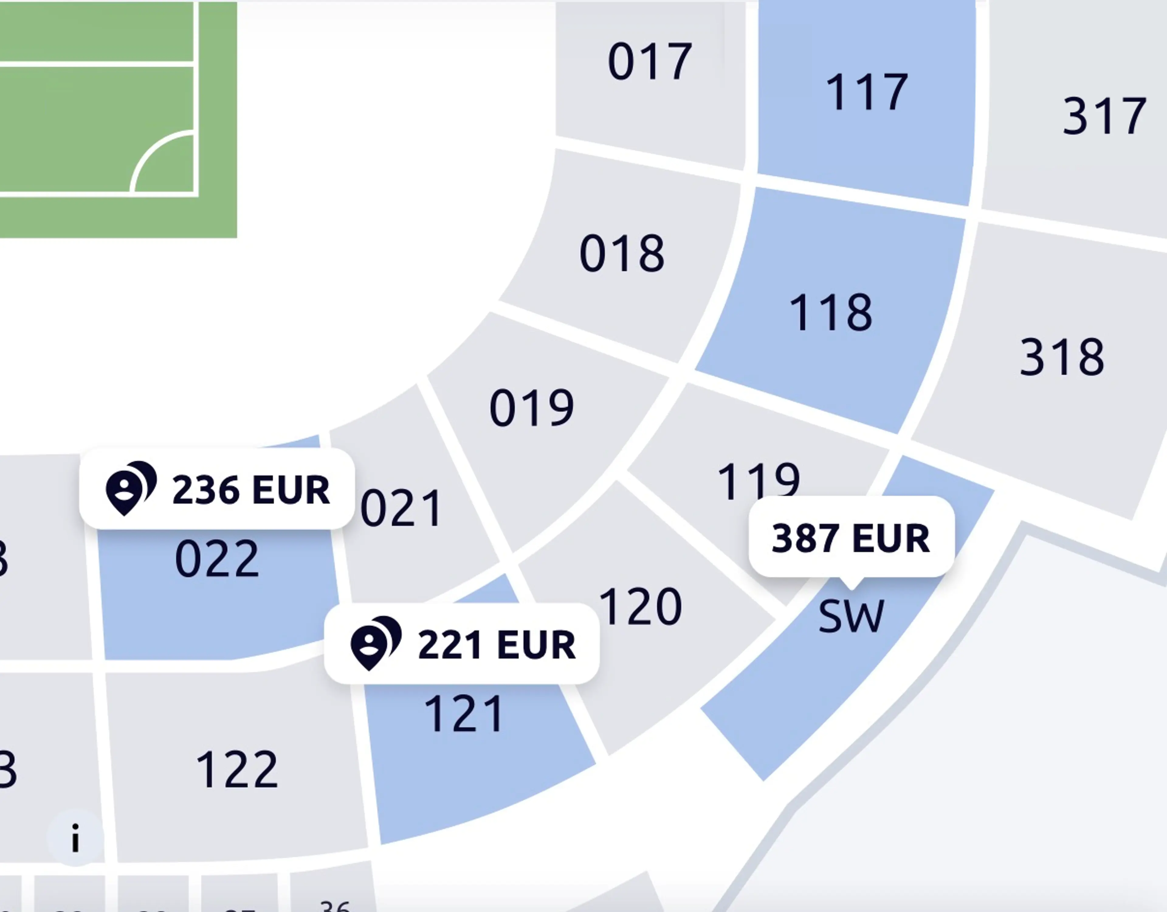Interactive 2D seat map with a price per section