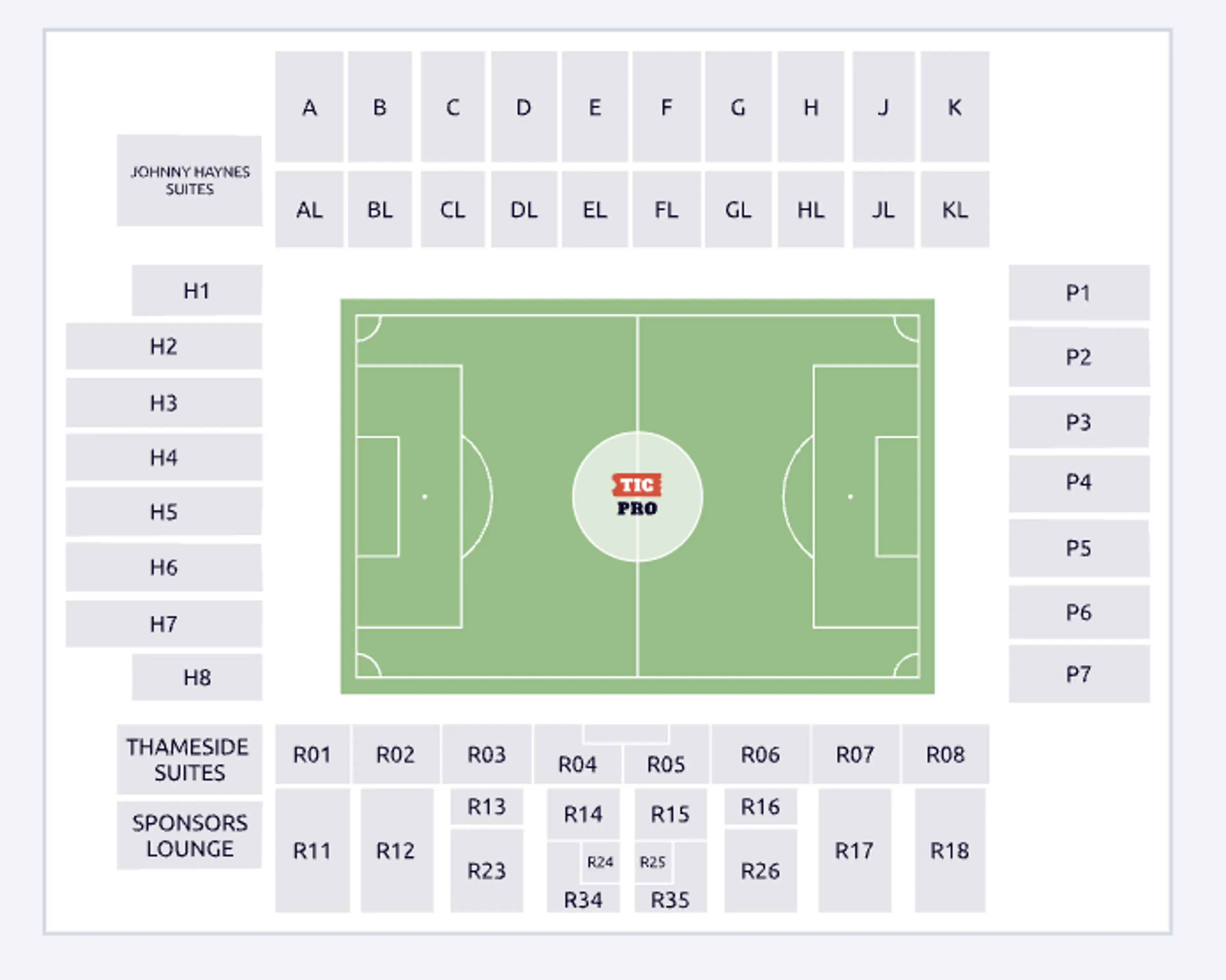 Seat map of Craven Cottage showing the stands and seating sections around the pitch