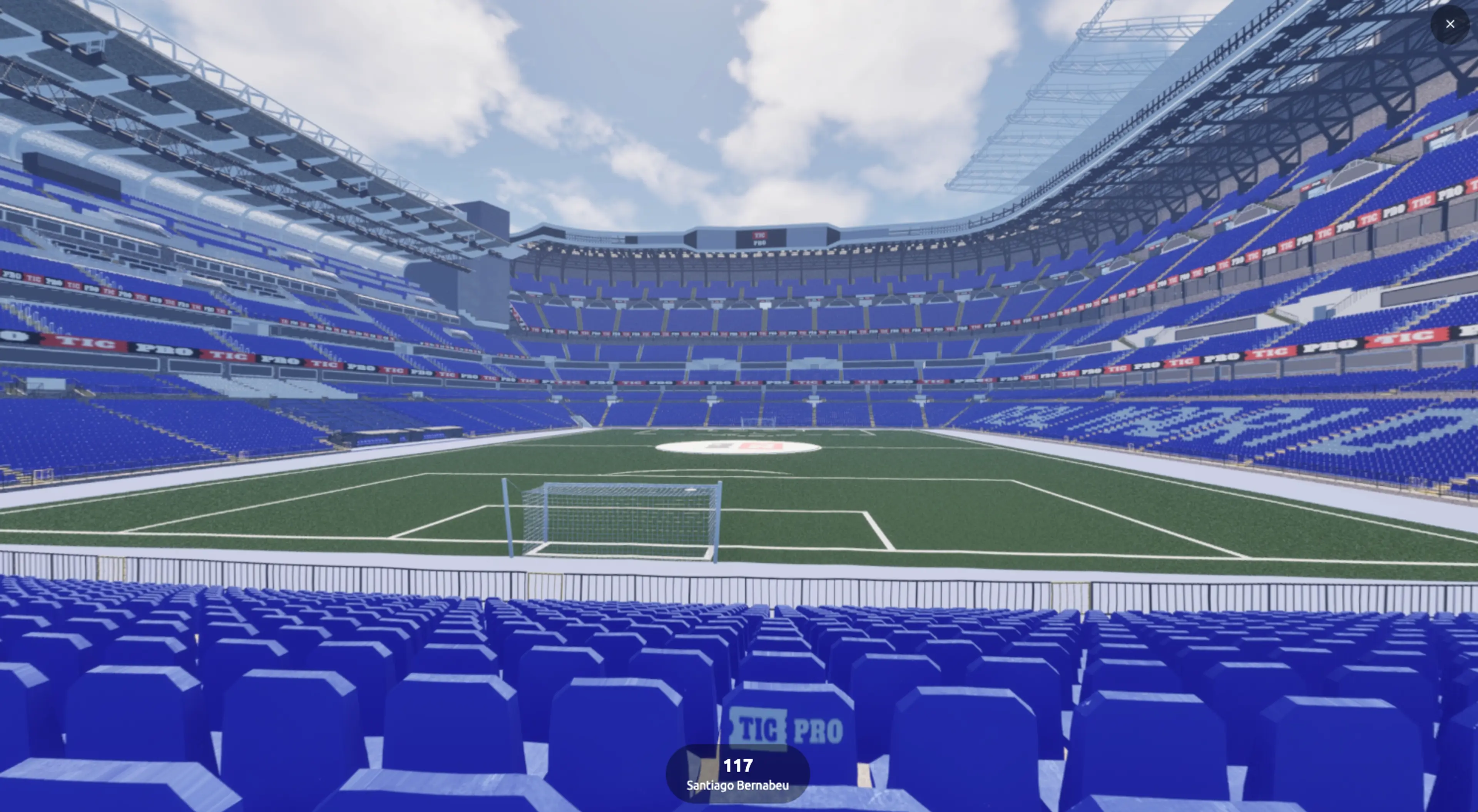 3D-sittplatskarta över Santiago Bernabéu som visar nivåerna och blocken runt planen
