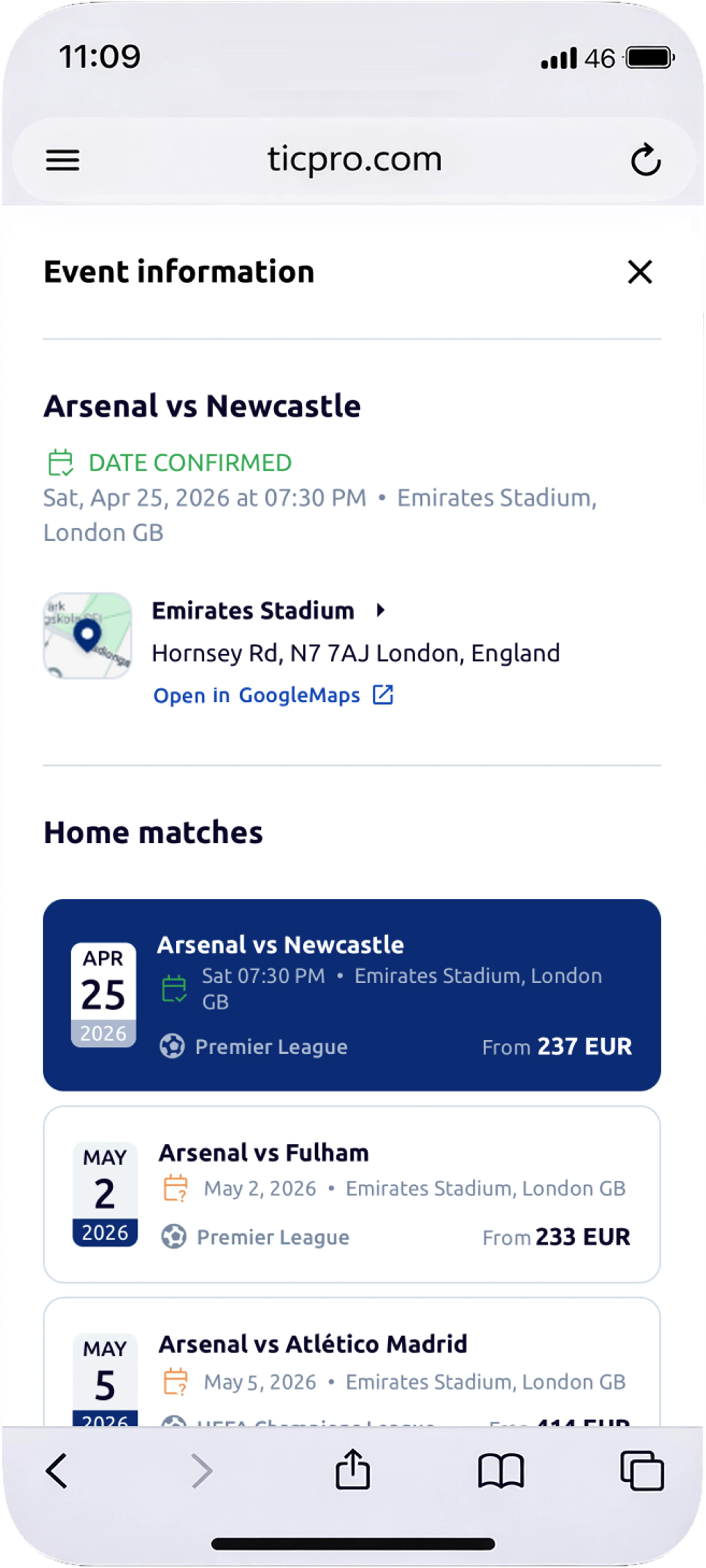 Event information for Arsenal vs Leeds with other events at Emirates Stadium
