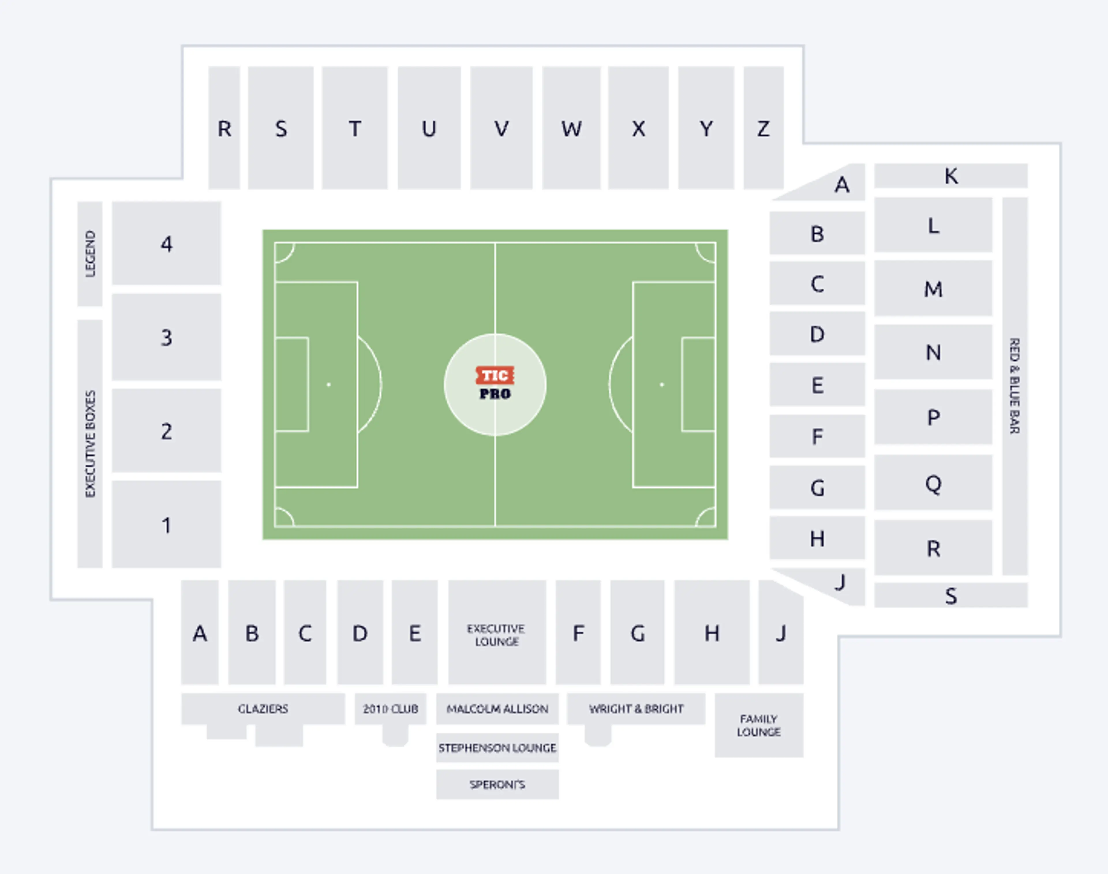 Seat map of Selhurst Park showing the four stands and the seating sections around the pitch