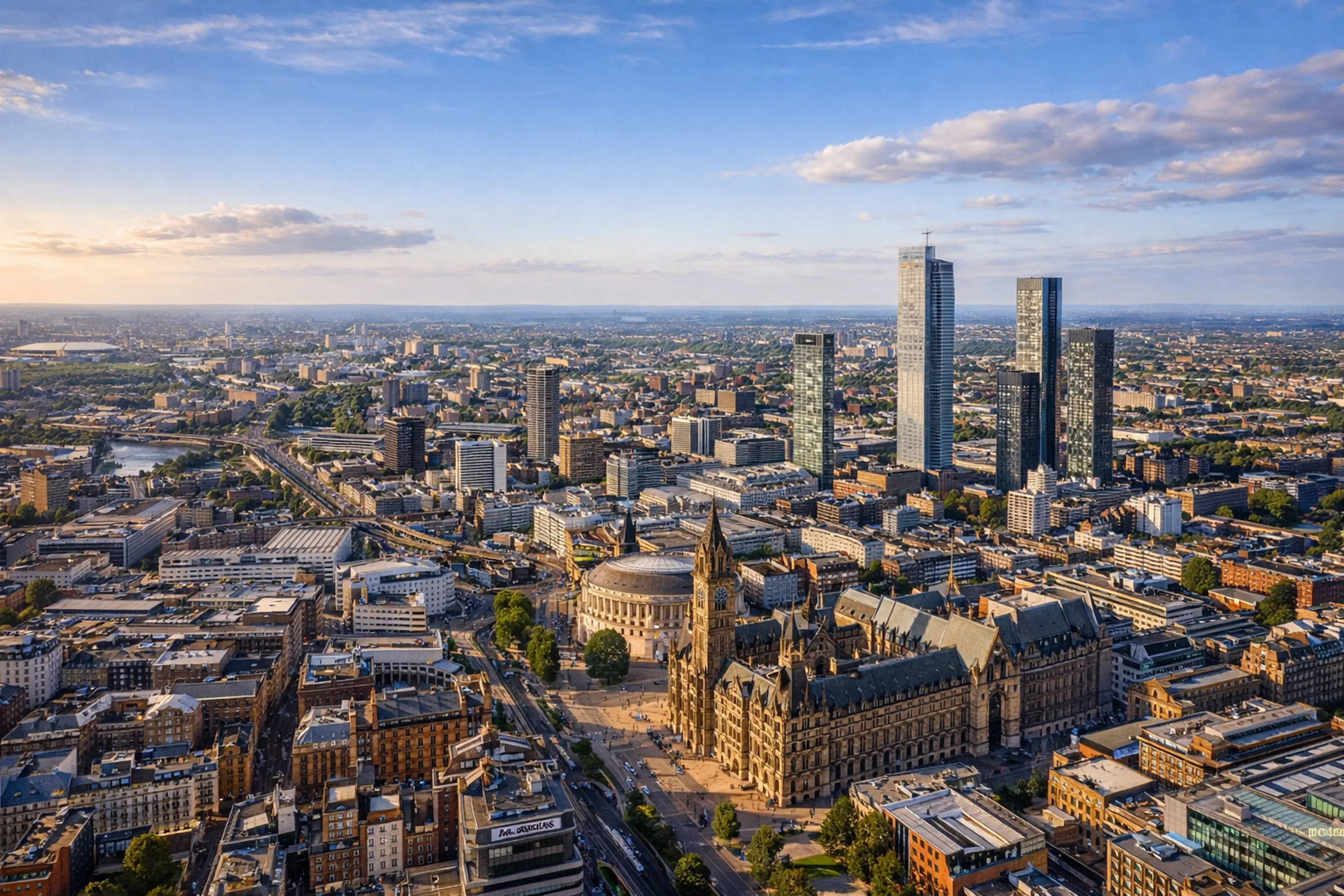 Manchester city centre and the Town Hall from above