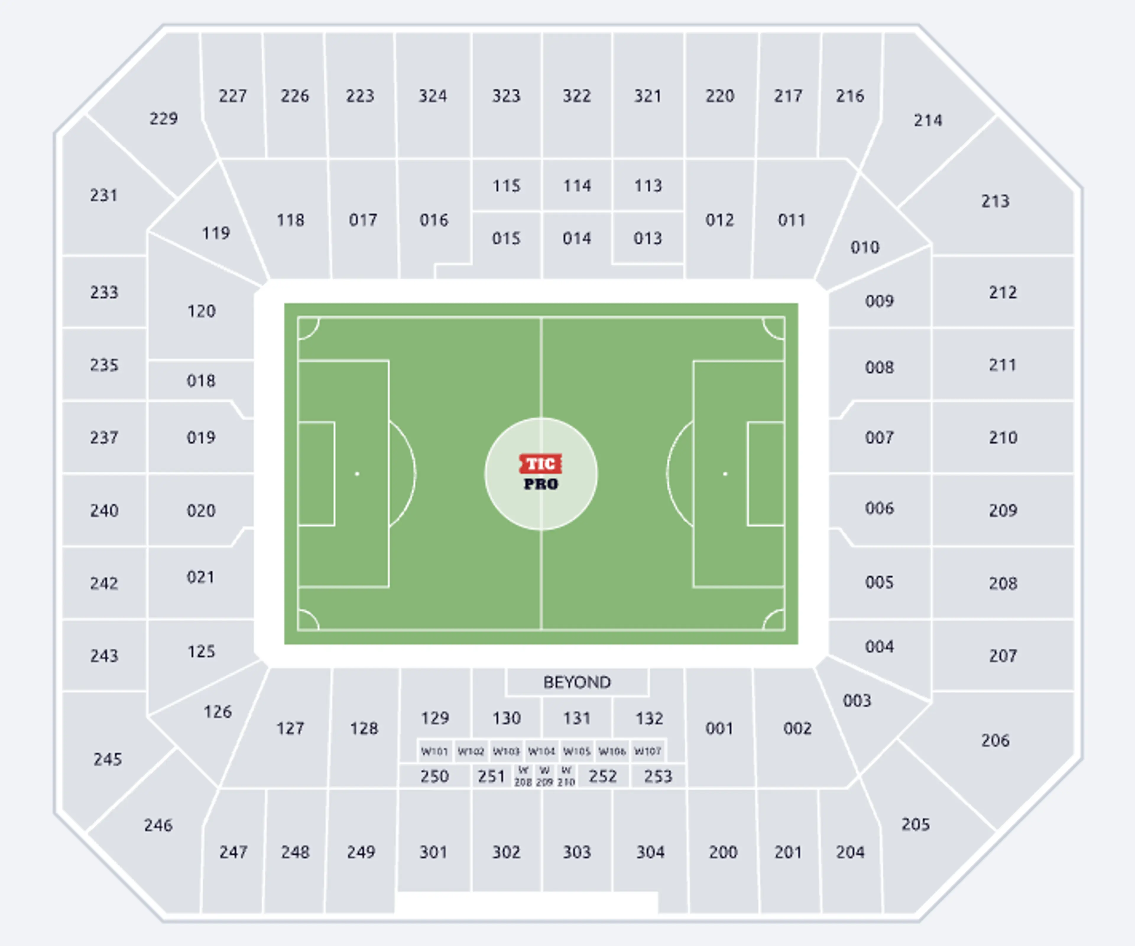 2D seating map of Hill Dickinson Stadium showing the North, South, East and West stands around the pitch