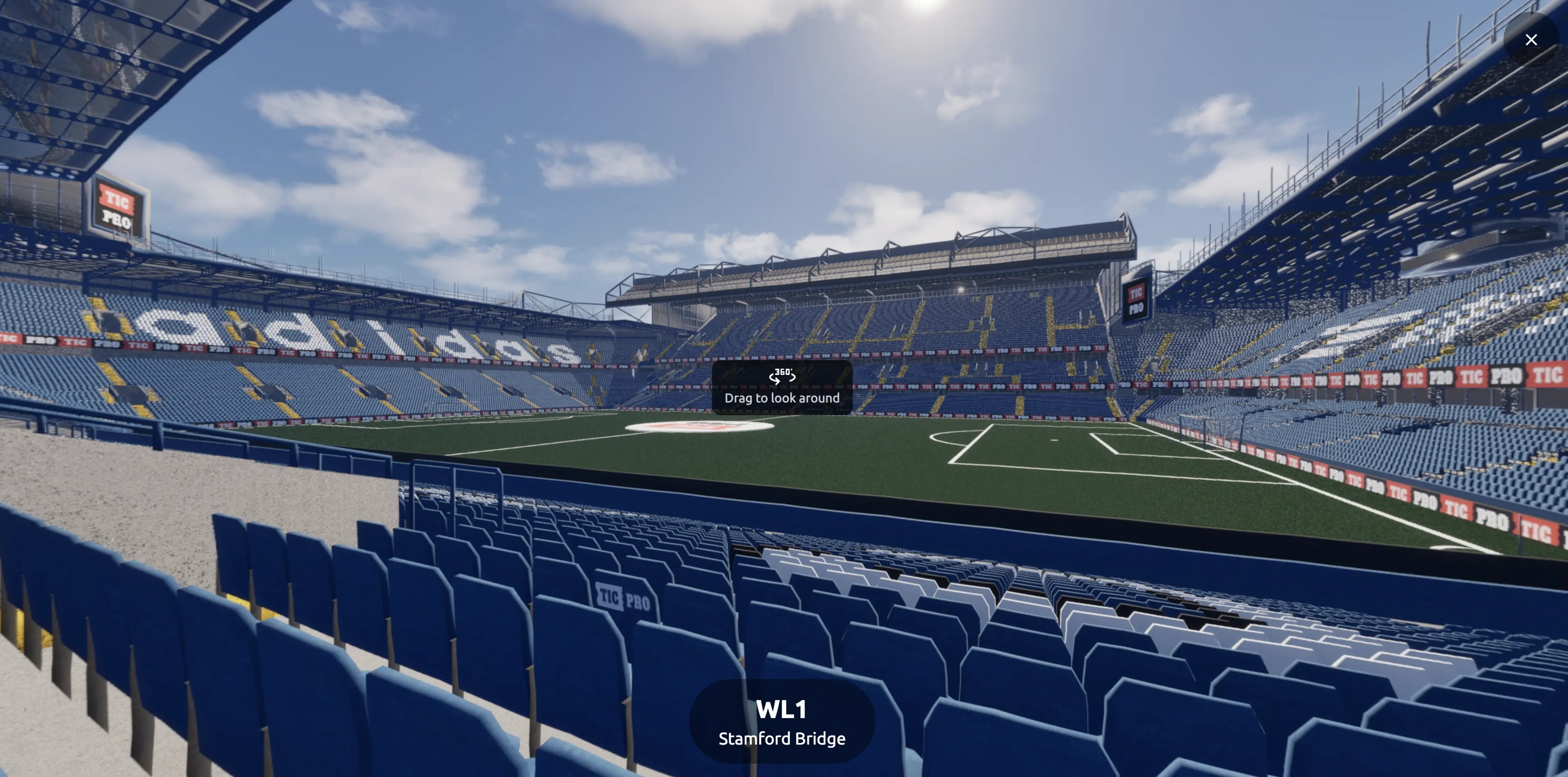3D model of Stamford Bridge showing the four stands around the pitch